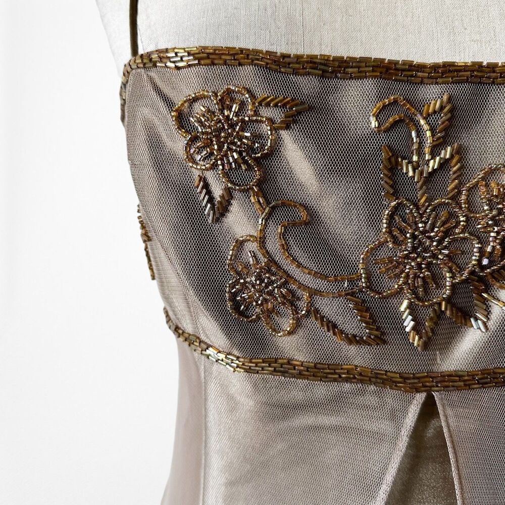 Vintage Y2K Beige Gold Mesh Satin Floral Beaded Formal Maxi Prom Dress Size M/L - Picture 10 of 12